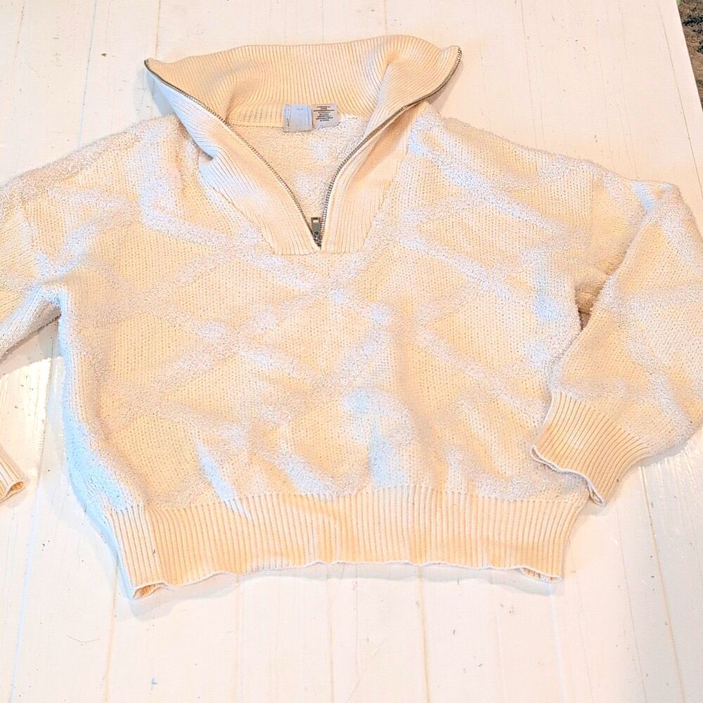 Joie Cable Knit Cross Pattern Chenille 1/2 Zip Sweater Cream Soft M Cozycore